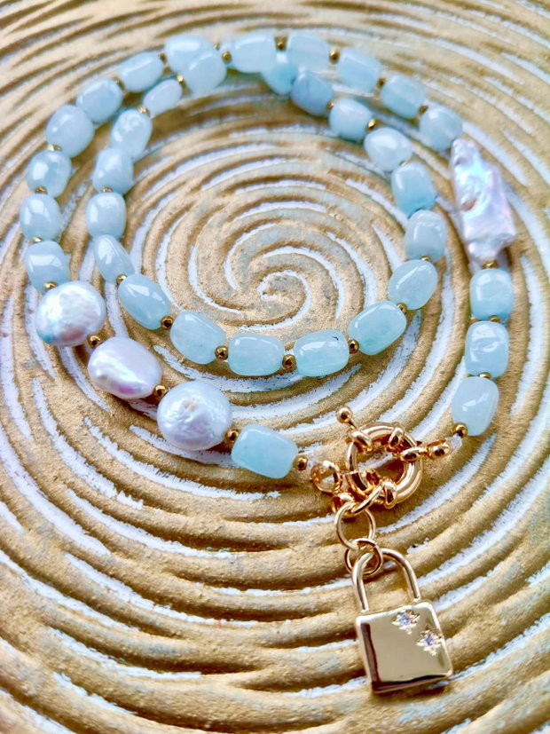 Colier Aquamarin / acvamarin natural & perle baroc / biwa
