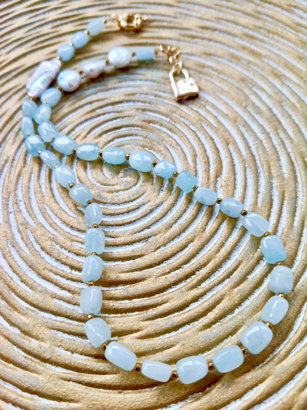 Colier Aquamarin / acvamarin natural & perle baroc / biwa