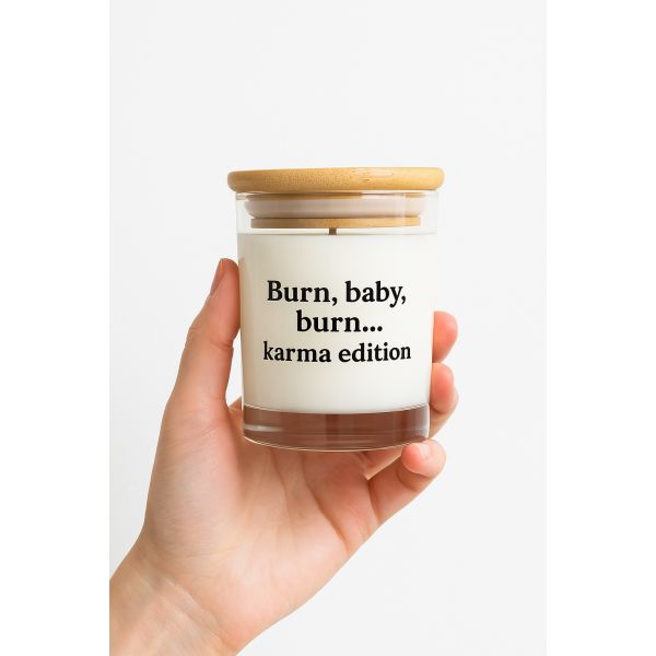 Lumânare parfumată handmade Burn, baby, burn karma edition, ceară de soia, cadou amuzant