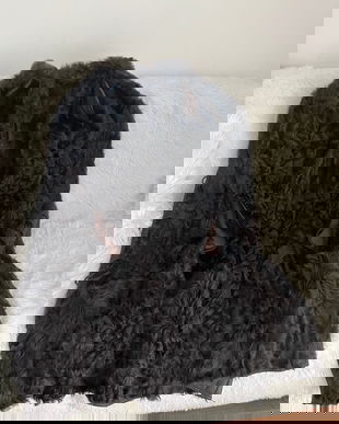 Palton lung din piele naturală cu blană naturală  handmade, piesă statement