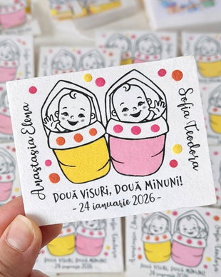 Marturii personalizate botez gemene fetite pictate cu magnet