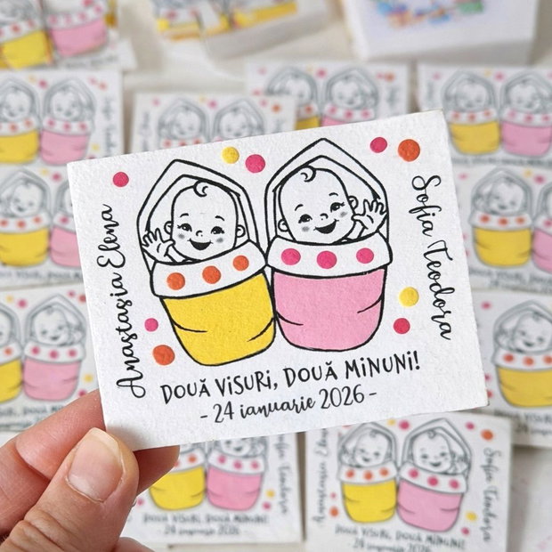 Marturii personalizate botez gemene fetite pictate cu magnet