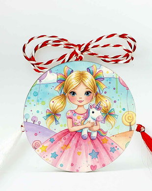 Martisor din lemn cu Printesa Barbie si unicorn