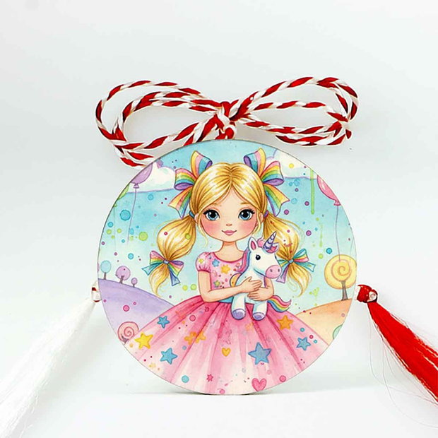Martisor din lemn cu Printesa Barbie si unicorn