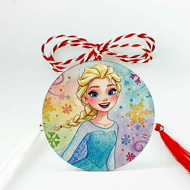 Mărțișor din lemn cu Elsa, pentru copii, brosa cu ac