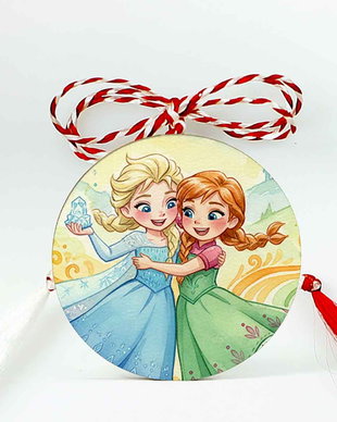 Martisor din lemn cu Elsa si ana, brosa pentru copii