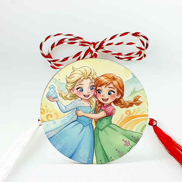 Martisor din lemn cu Elsa si ana, brosa pentru copii