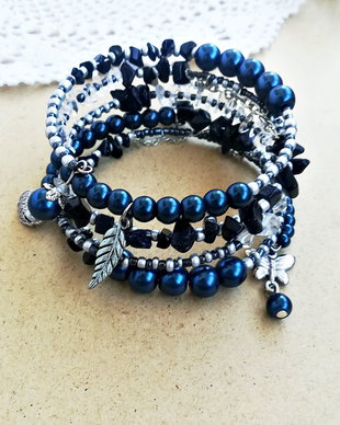 bratara boho spirala bleumarin cu pietre si perle