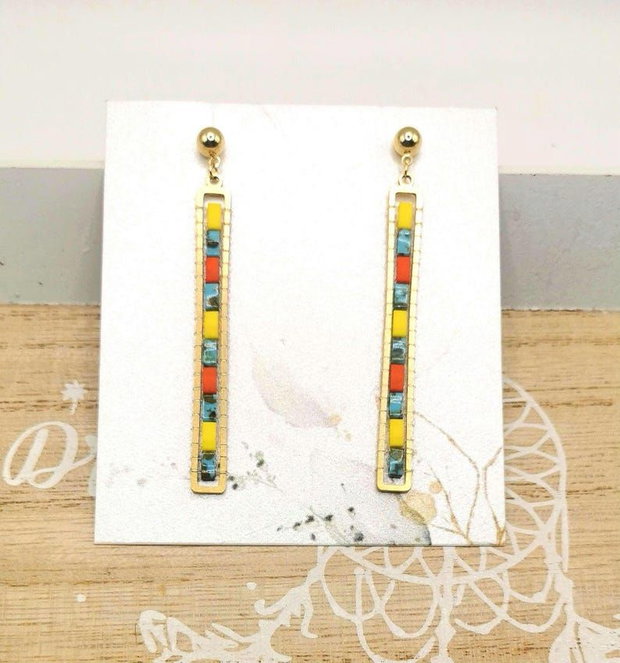 Cercei lungi boho mozaic minimalisti cu margele Miyuki Tila