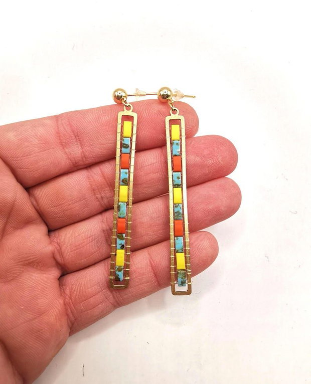 Cercei lungi boho mozaic minimalisti cu margele Miyuki Tila