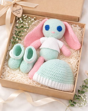 Set cadou handmade pentru bebeluși 03 luni  iepuraș croșetat, căciuliță și botosei