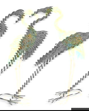 Pereche doua pasari flamingo din metal antik grey