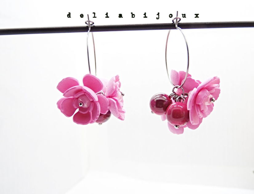 Set bijuterii cu flori roz colier statement și cercei asortați, realizați manual (cod1378)