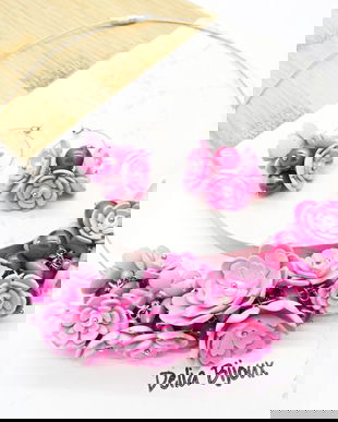 Set bijuterii cu flori roz colier statement și cercei asortați, realizați manual (cod1378)