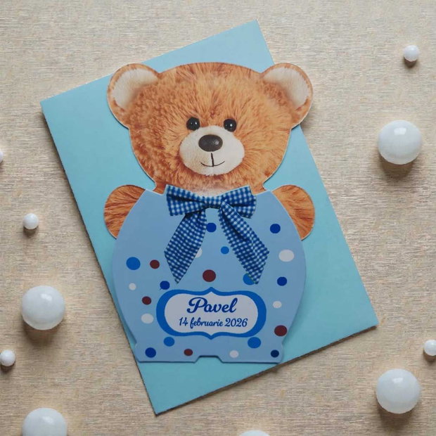Invitatii botez ursulet maro - model de baiat