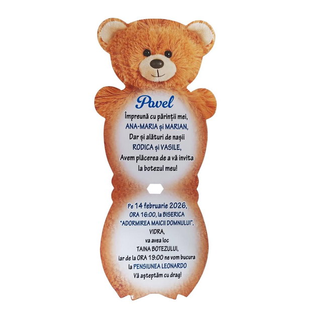 Invitatii botez ursulet maro - model de baiat