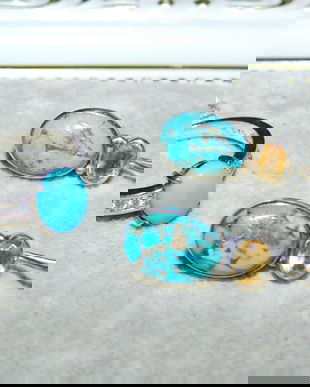 Cercei noi argint ,  turcoaze marmorate , inel   argint turcoaze , set desebit