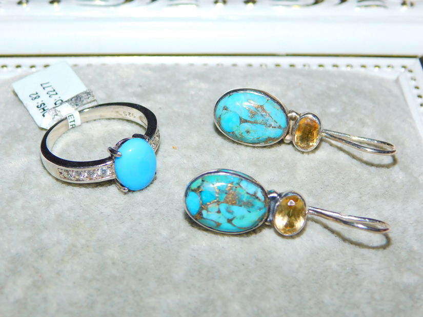 Cercei noi argint ,  turcoaze marmorate , inel   argint turcoaze , set desebit