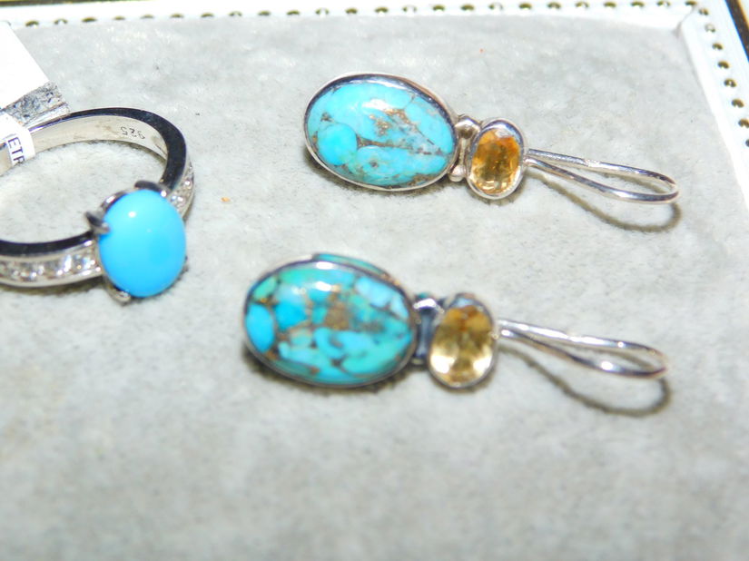 Cercei noi argint ,  turcoaze marmorate , inel   argint turcoaze , set desebit