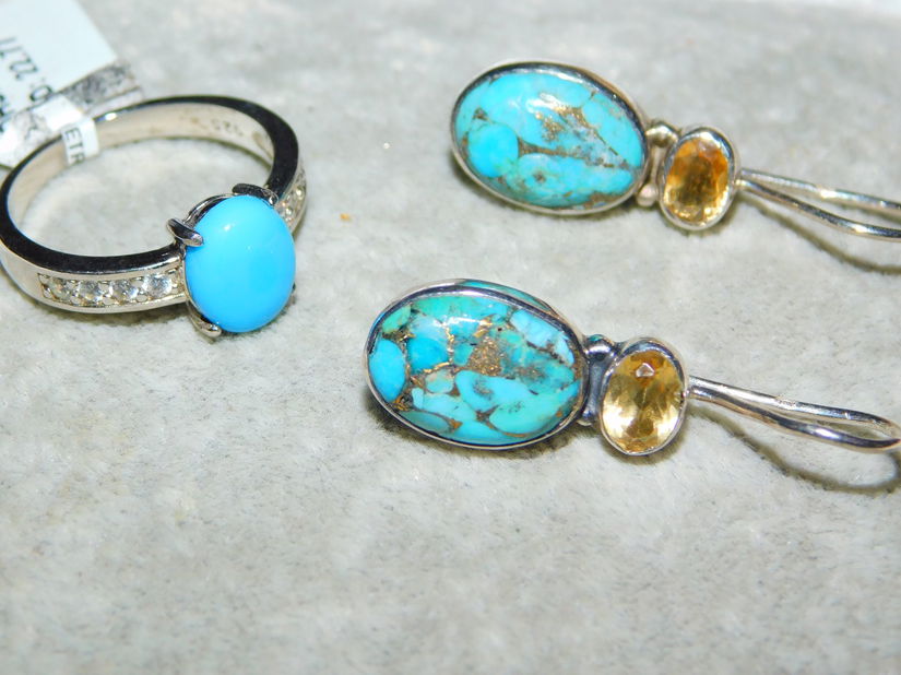 Cercei noi argint ,  turcoaze marmorate , inel   argint turcoaze , set desebit