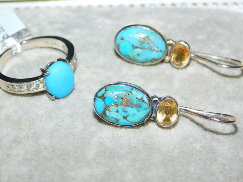 Cercei noi argint ,  turcoaze marmorate , inel   argint turcoaze , set desebit