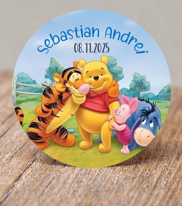 Etichete rotunde pentru mărturii de botez băiețel model Winnie the Pooh