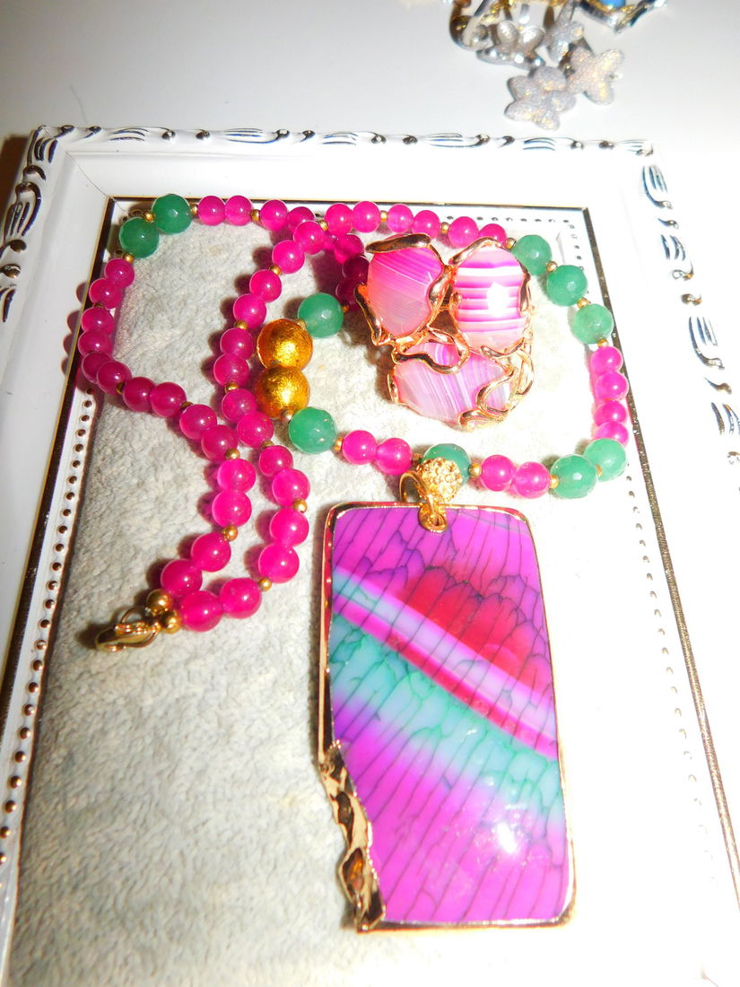 Colier nou deosebit, cuat, jad, placare, pandant masiv, cadou inel nou asortat