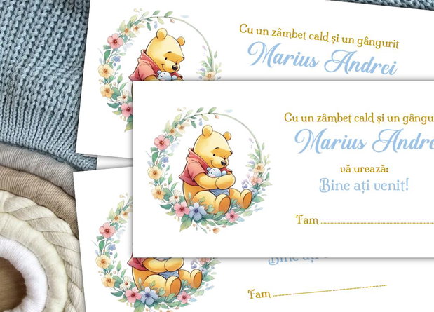 Plicuri bani botez băieți Winnie the pooh și detaliu floral