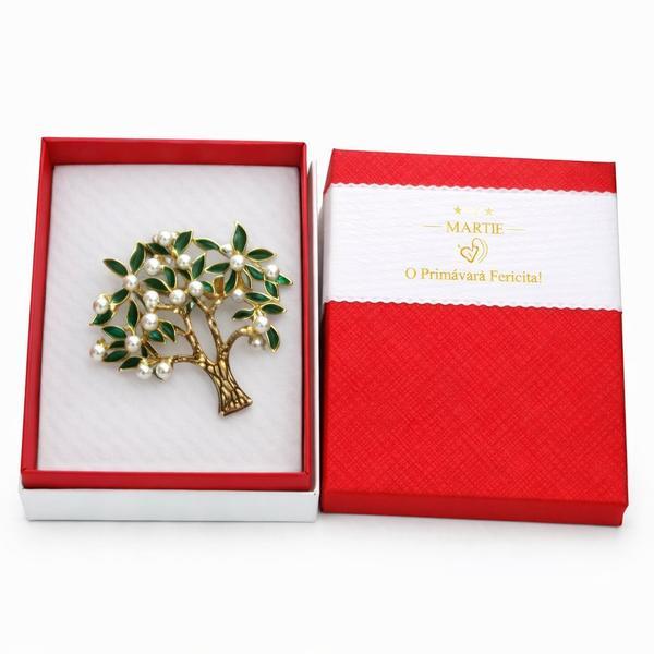 Mărțișor Broșă Copacul Vieții cu Perle și Frunze Verzi, Finisaj Auriu, Ambalaj Cadou