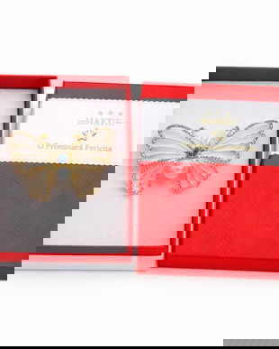 Mărțișor Broșă Fluture Elegant cu Perlă și Cristal Albastru, Finisaj Auriu, Cutie Cadou