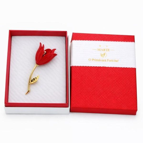 Mărțișor Broșă Lalea Roșie, Design Elegant, Finisaj Auriu, Cutie Cadou