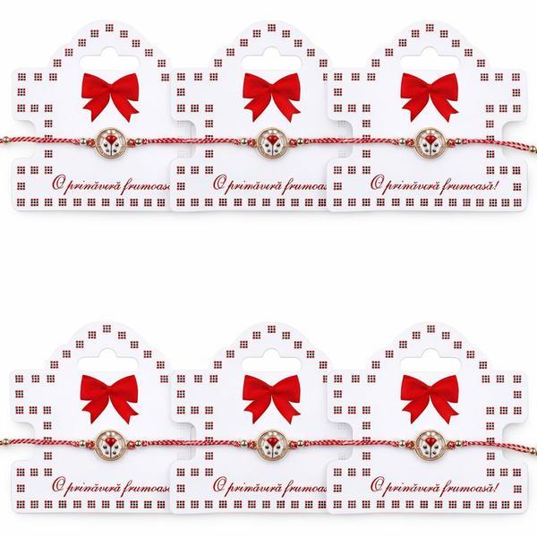 Set 6 Mărțișoare Brățară Reglabilă cu Pandantiv Buburuză Rotundă, Șnur Alb-Roșu, Card &bdquo;O primăvară frumoasă&rdquo;