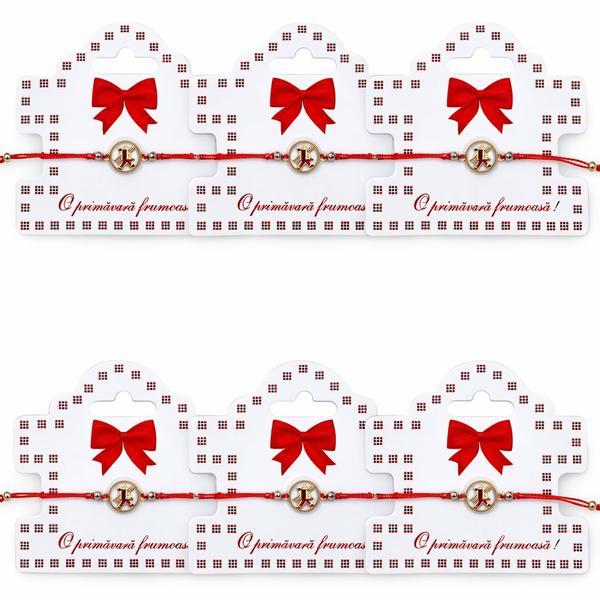 Set 6 Mărțișoare Brățară Reglabilă cu Pandantiv Copil Stilizat, Șnur Alb-Roșu, Card &bdquo;O primăvară frumoasă&rdquo;