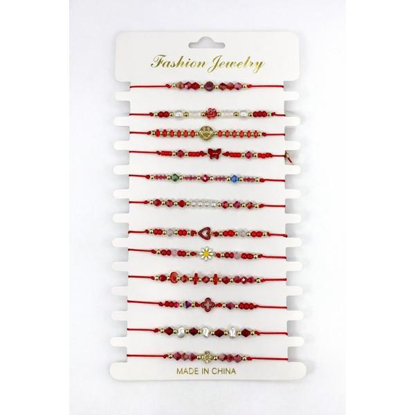 Set 12 Brățări Mărțișor Reglabile, Șnur Roșu, Diverse Modele cu Mărgele și Simboluri