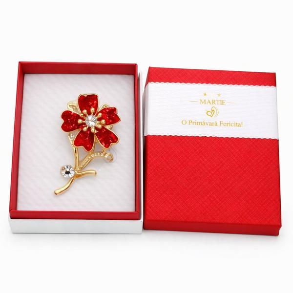 Mărțișor Broșă Floare Roșie cu Cristale, Finisaj Auriu, Design Elegant