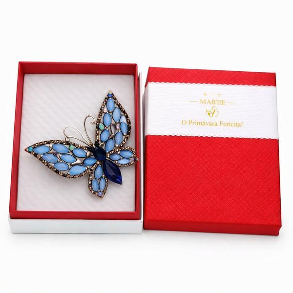 Mărțișor Broșă Fluture Albastru cu Pietre Decorative, Design Elegant, Cutie Cadou Premium