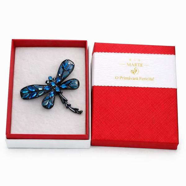 Mărțișor Broșă Libelulă Albastră cu Cristale, Design Elegant și Modern, Cadou 1 Martie, Cutie Premium