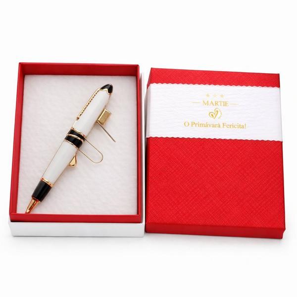 Mărțișor Pix Elegant Alb cu Accente Aurii, Design Clasic Premium, Cadou 1 Martie, Cutie Elegantă