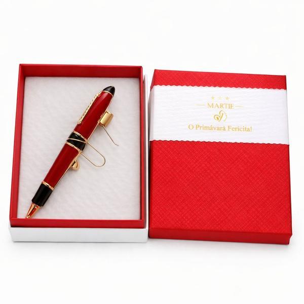 Mărțișor Pix Elegant Roșu cu Accente Aurii, Design Clasic Premium, Cadou 1 Martie, Cutie Elegantă
