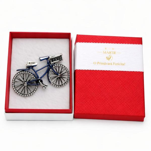 Mărțișor Broșă Bicicletă Albastră cu Cristale, Design Modern Elegant, Cadou 1 Martie, Cutie Premium