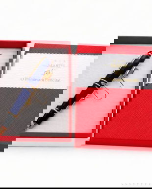 Mărțișor Pix Elegant Albastru cu Accente Aurii, Design Clasic, Cadou 1 Martie, Cutie Premium