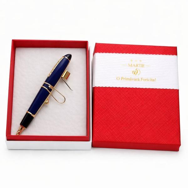 Mărțișor Pix Elegant Albastru cu Accente Aurii, Design Clasic, Cadou 1 Martie, Cutie Premium