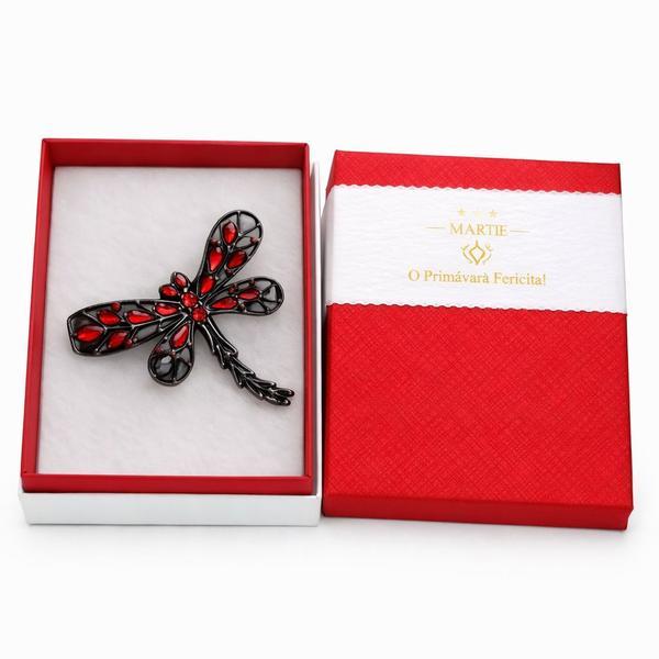 Mărțișor Broșă Libelulă Roșie cu Cristale, Design Elegant și Modern, Cadou 1 Martie, Cutie Premium