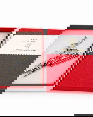 Mărțișor Broșă Metalică &ndash; Foarfecă și Pieptene, Model Hairstylist, Cadou 1 Martie, Cutie Elegantă