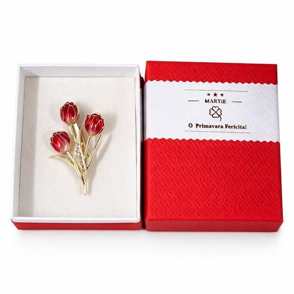 Broșă Elegantă cu Flori Tip Lalea Roșie, Finisaj Auriu cu Cristale, Accesoriu Delicat, Cutie Cadou
