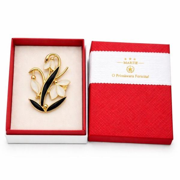 Mărțișor Broșă Florală Aurie  &ndash; Design Elegant Primăvară, Cadou 1 Martie, Cutie Premium