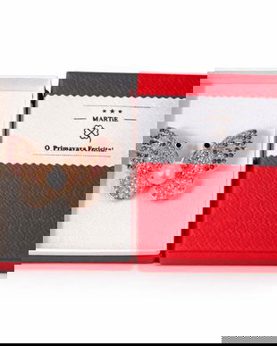 Broșă Elegantă Fluture cu Cristale Roz și Perlă, Finisaj Auriu, Accesoriu Delicat, Cutie Cadou