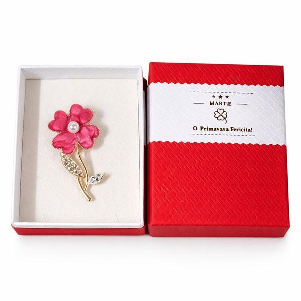 Broșă Mărțișor Floare Roz cu Perlă Albă