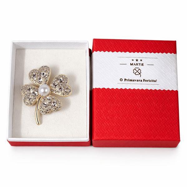 Broșă Mărțișor Trifoi Norocos cu Perlă Albă