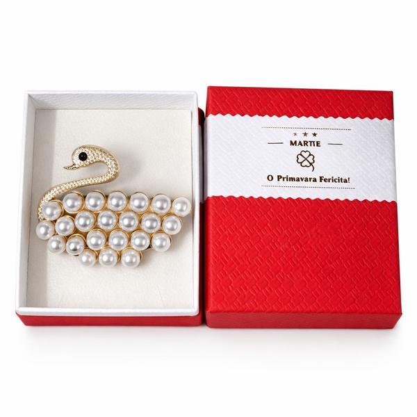 Broșă Mărțișor Lebădă Elegantă cu Perle Albe